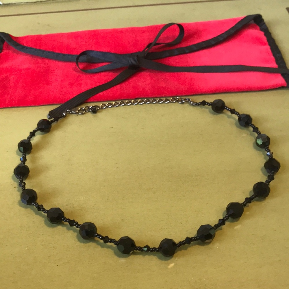 Talbots Black Bead Necklace With Protective Red Cloth Case